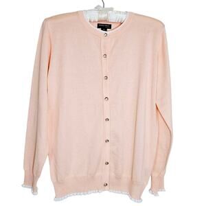 Tenney Rose New Pink White Cardigan‎ Easter Spring Sweet Jeweled Buttons Medium